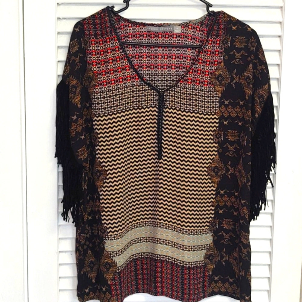 Tribal print sheer top with fringe and leather